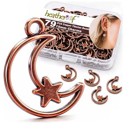 Heather's cf Celestial Beads Moon Charms Pendant Jewelry Making Earrings Necklace Bracelet Kit Findings Jump Rings Lobster Clasp Vintage Finish Plated Non Tarnish Look (Silver Star, 79-150Pcs) - color: Copper Moon- 79Pc