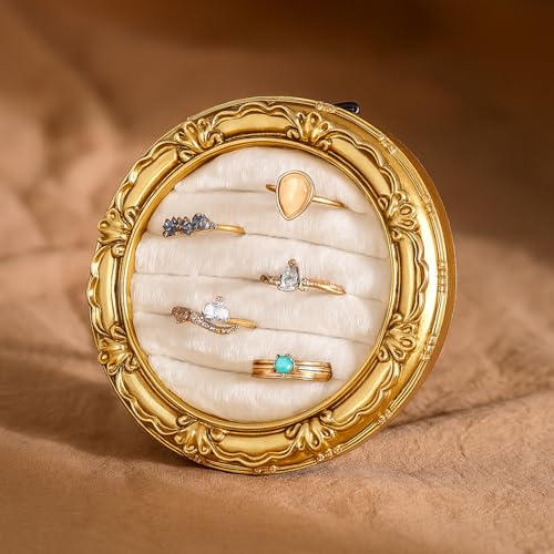 Liliaafar Vintage Ring Holder Round Gold Ring Wedding Display Suede Jewelry Box Stand Frame Earring Tray Anniversary Engagement Baroque Organizer Photograph Prop for Women Birthday Christmas Gift - color: Gold, style: Round