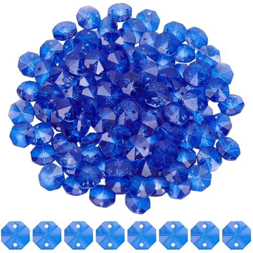 120Pcs Blue 14mm Octagonal Crystal Beads Prism Beads Bulk with 2 Holes Crystals Chandelier Replacement Parts Connector Sun Catcher Faceted Spacers for DIY Lamp Hanging Pendant Jewelry DIY - color: Blue