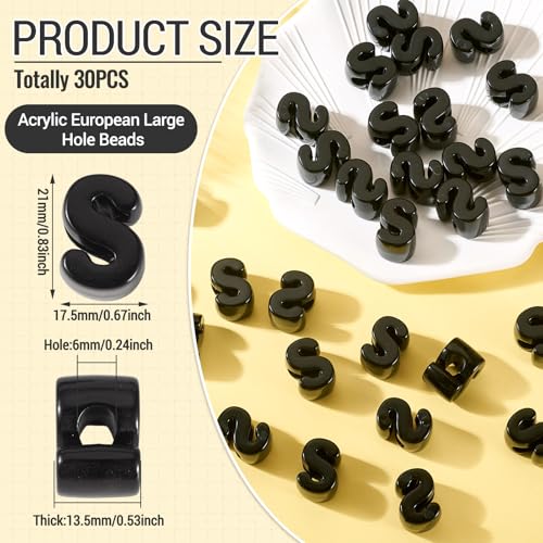 FASHEWELRY 30Pcs Acrylic Letter S Beads with Large Hole Big Plastic Letter Blocks European Beads 3D Letters Chunky Vowel Initial Alphabet Bead for Key Chains Necklace DIY Arts Craft Projects - color: Black, size: S
