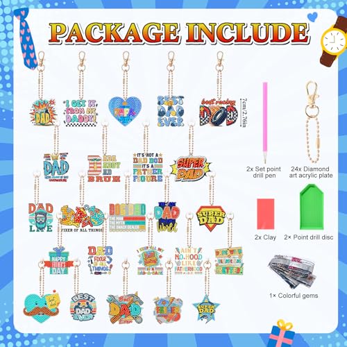 Huquary 24 Sets Father's Day Diamond Art Painting Keychains Kits 5D Dad Diamond Art Keyrings Charm Pendants for Adults Dad DIY Craft Gifts for Father's Day Daddy Birthday Party Favors Bags Decor - style: Dad