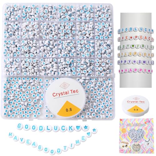 Acrylic Letter Beads 4mm Flat Round, 6mm Square - Beads for Making Friendship Bracelet or Necklace (26 Pieces of Flat Round White with Blue) - color: 26 pieces of flat round white with blue