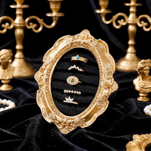 Liliaafar Vintage Ring Holder Oval Black Mat Ring Wedding Display Suede Jewelry Box Stand Frame Earring Tray Anniversary Engagement Baroque Organizer Photograph Prop for Women Birthday Gifts - color: Black Mat, style: Oval