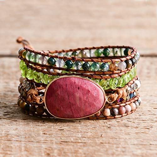 YGLINE Women Boho Handmade Natural Stone Crystal Leather Bead Wrap Bracelets Collection - color: Rhodochrosite-5w