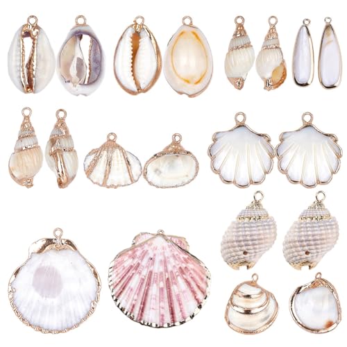 SUNNYCLUE 1 Box 20pcs 10 Styles Natural White Cowrie Seashells Charm Conch Shells Plated Charms Summer Ocean Sea Charm for Jewelry Making Charm Necklace Bracelet Earring Making - color: 1 Box 20pcs Seashell Charms