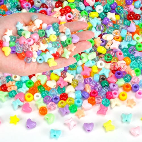 1000+PCS Assorted Pony Beads for Bracelets, 9mm Acrylic Rave Kandi Bead Bulk with Cute Heart Star Butterfly Fun Shaped Beads for Hair Braid Keychain Charms Jewelry Making DIY Crafts - color: MultiShapes Surprise Blend 1000pcs