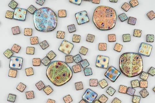 1.75 oz (50g) Mix of Unique Czech Bohemia Glass Pressed Beads, Light Blue AB Sliperit, Patterned, Matte and Glossy, Hand Made BCV - color: FAN Mix Light Blue AB Sliperit