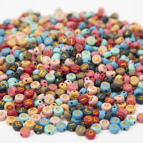 1000pcs 4x7mm Round Letter Beads Colorful Acrylic with Gold Letter Alphabet for Jewelry Making Friendship Bracelets (Gold) - color: gold