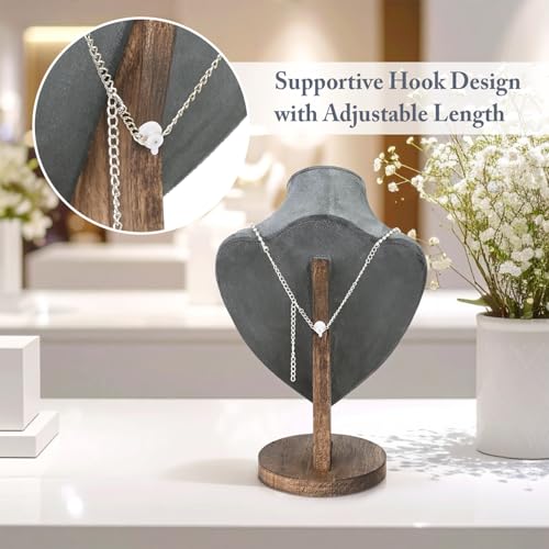 MOOCA 2 Pcs Set Necklace Chain Jewelry Display Holder, Jewelry Stand, Necklaces Display Mannequin Bust Stand, Wood Sturdy Base, Grey Suede with Walnut Base - color: 2-Pcs Grey Suede with Walnut Base