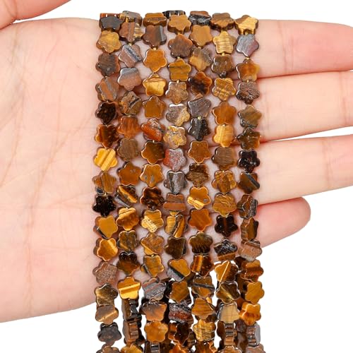 Songxi 60pcs 6mm Tiger Eye Plum Blossom Natural Stone Beads for Jewelry Making, Smooth Loose Flower Shape Gemstone Beads for Bracelets Necklace Earrings Making Supplies ﻿ - color: Tiger Eye
