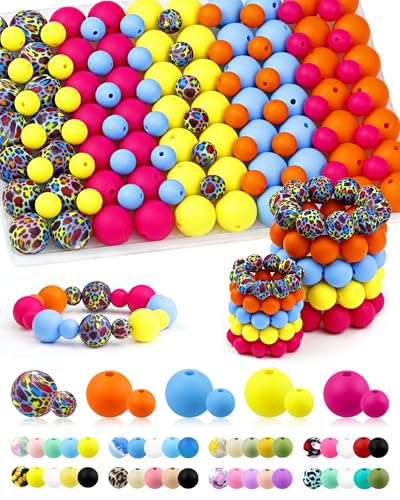100PCS FIVEIZERO Silicone Beads for Keychain Making, 9mm & 15mm Neon Mixed 5 Colors Silicone Focal Beads for Bracelets, Beadable Pens and DIY Crafts - color: Neon Colors Mixed
