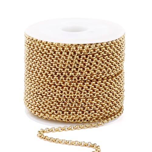 33FT 18K Gold PVD Plated Rolo O Chains Roll, 3.5mm Gold Stainless Steel Round Rolo Chain Spool Bulk for Jewelry Making - color: gold, size: 3.5mm