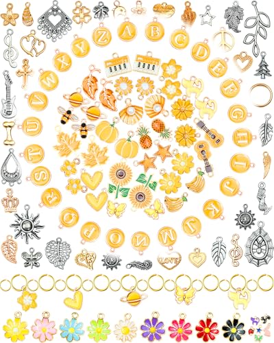 FIVEIZERO 216PCS Bracelet Charms for Jewelry Making – Assorted Gold & Silver Metal Enamel Pendants with Jump Rings for Necklaces, Earrings, & DIY Jewelry Crafts(Yellow) - color: Yellow
