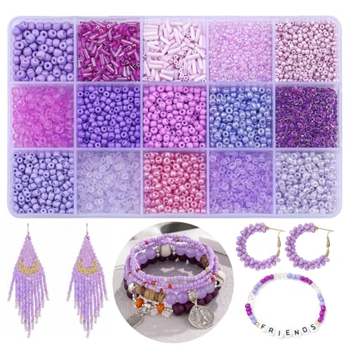 15 Color 4mm Small Assorted Glass Seed Beads,3mm Bugle Beads Friendship Bracelet Kit,2mm Tiny Tube Bead for Jewelry Making(Purple) - color: light purple
