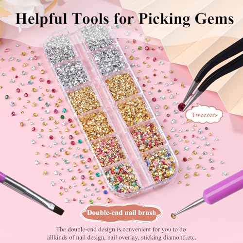 4200 Pcs Nail Art Rhinestones Kit,2-3mm Shiny Gold/Silver/Mixed Colors Rhinestones,3D Pointed Bottom Nail Gems with Tweezers and Dual-end Brush for Manicure DIY Crafts Face Makeup(26-K1-pointed-GS) - color: 26-K1-pointed-GS