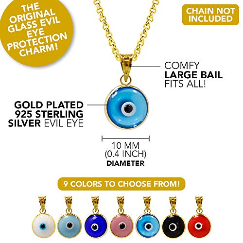 MIZZE Made for Luck Gold Plated 925 Sterling Silver 10 MM Round Glass Evil Eye Charm Pendant - 7 Colors to Choose from - color: Transparent Light Blue