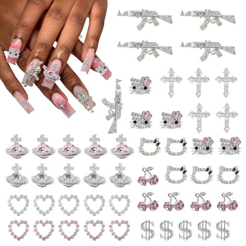 50PCS Y2K Nail Art Charms, CYHYII 3D Star Nail Rhinestones Alloy Nail Gems for Girls, Kawaii Silver Planet Cherry Cross Nail Decorations for DIY Manicure Design - color: 50PCS Mixed