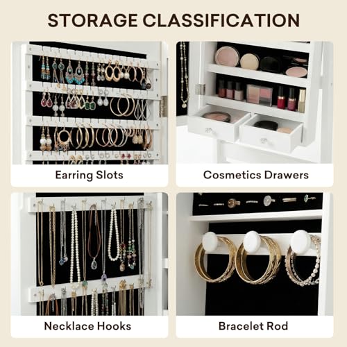 Antok Full Length Jewelry Cabinet with Mirror & Large Storage - 61" Standing Lockable Armoire Organizer, Floor to Ceiling Model for Bedroom or Dressing Room, White