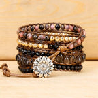 YGLINE Women Boho Handmade Natural Stone Crystal Leather Bead Wrap Bracelets Collection - color: Oynx