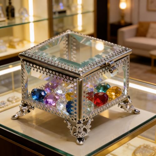 Glass Vintage Jewelry Box Keepsake storage Trinket Ring Display Box Home Decor Beveled Clear Glass Box Organizer(3.8x3.8x3.5Inches) - color: Silver