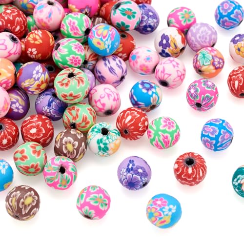 Pandahall 200pcs 12mm Round Polymer Clay Beads Assorted Colorful Bubblegum Ball Beads with Flower Printed Handmade for Jewelry Making