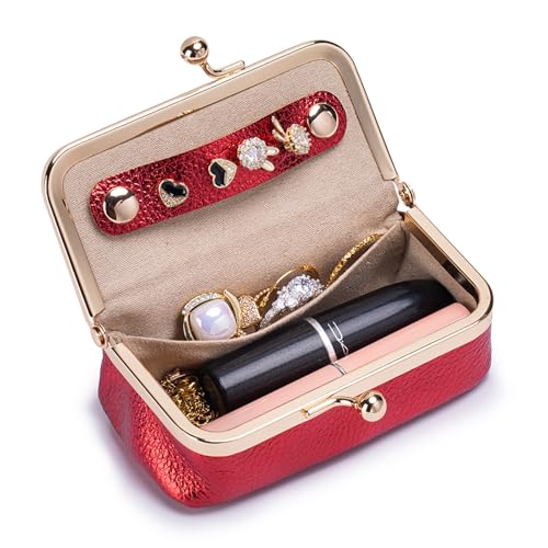 Genuine Leather Travel Jewelry Box, Mini Jewelry Organizer Case with Mirror for Women, Small Lipstick Bag for Purse, Cute Portable Gift for Her women giril (Red, Lridescent) - color: Red, size: B
