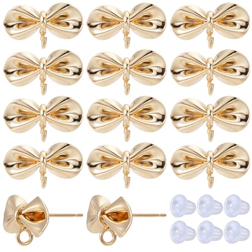 SUNNYCLUE 1 Box 50Pcs Real 18K Gold Plated Bow Earring Posts Stud Earring Findings with Ear Nuts Cute Bowknot Earring Post Earrings Studs for Jewelry Making Accessories DIY Dangle Earrings Craft - style: Bow 3