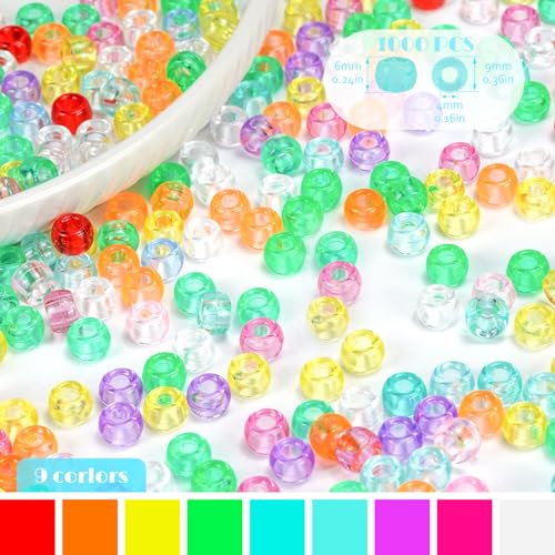 1000+ Pieces Clear Pony Beads Bulk, 9 Colors 6x9mm Transparent Acrylic Bead Large Plastic Kandi Beads for Bracelets Big Hole Hair Braids Jewelry Making Crafts DIY Projects - color: Crystal Clear 1000pcs