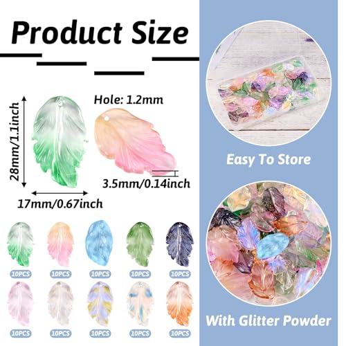 Glass Leaf Beads Crystal Glass Leaf Charms Transparent Leaves Pendants Tiny Green Leaf Bead Caps for Christmas Earring Bracelet Jewelry Making DIY Keychain Craft - color: 10 Colors-Feather Leaf