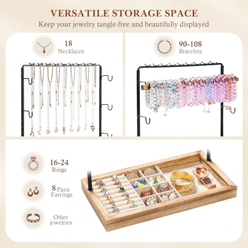 Emfogo Jewelry Organizer Stand, 5 Layer Wood & Metal Bracelet Holder with Necklace Holder Pole, Large Capacity Jewelry Display Holder for Bracelets Necklaces Rings Watches Scrunchies (Rustic Brown)