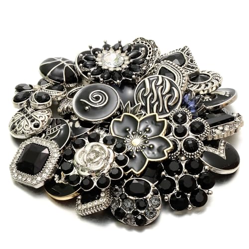 10PCs Mixed Style Rhinestones Snaps Jewelry Charms Buttons 18/20mm for Interchangeable Snaps Jewelry Making Women DIY Button Bracelets Necklaces Rings Brooch Accessories (Black) - color: Black