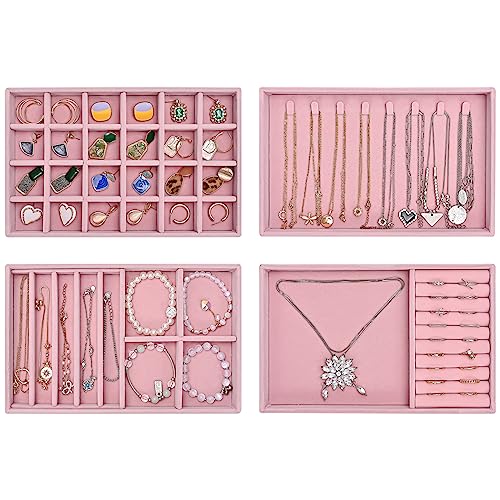 ProCase Stackable Jewelry Organizer Trays for Drawers, Jewelry Drawer Inserts Container Display Case Storage for Earring Necklace Rings Bracelet with Removable Dividers -Dustypink, 4 Layers - color: Dustypink, size: 4 Layers