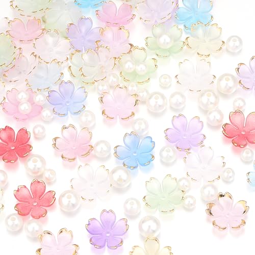 100Pcs Cherry Blossom Acrylic Flower Beads, 5-Petal Gold-Plated Gradient Floral Bead with 90Pcs Multi-Size Beige Pearls for Necklaces Bracelets Earrings DIY Adult Jewelry Making (Mixed Color - color: Mixed Color, size: Flower & Pearl Beads