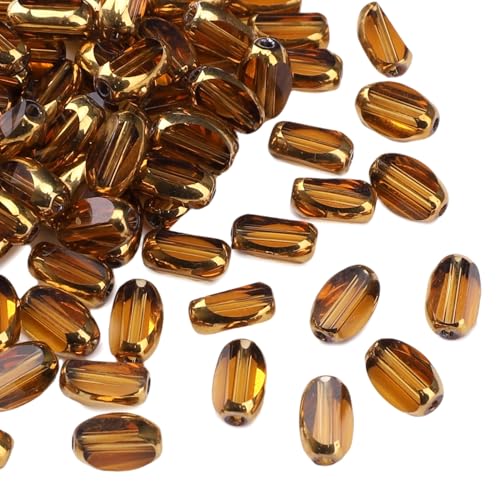 Glass Rice Beads Clear Brown 4x6mm 50pcs Faceted Oval Golden Edge Crystal Loose Beads for DIY Craft Jewelry Making - color: Clear Brown