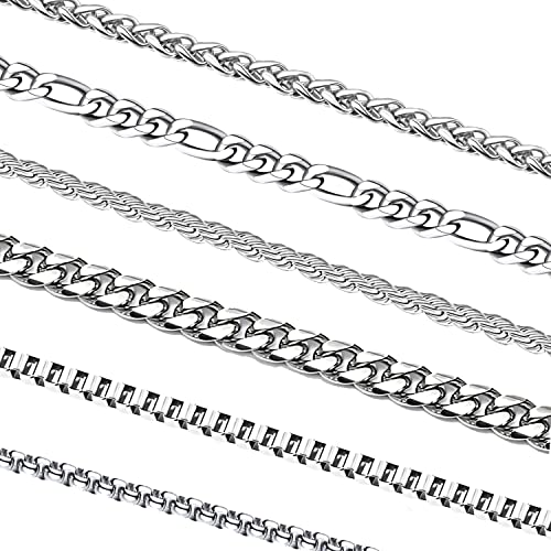 6 Pcs Silver Chains, Stainless Steel Cuban Link/Rope/Box/Figaro/Square Rolo/Wheat Chain Necklace Jewelry Set for Men Women - color: 26 inches