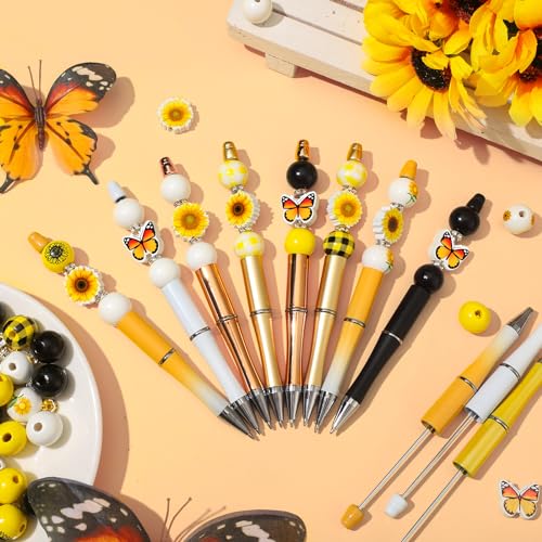 Colarr 24 Sets Plastic Beadable Pens DIY Pens Making Kit Assorted Wood Beads Crystal Spacer Black Ink Ballpoint for Women Crafts Office Family Gifts(Sunflower) - style: Sunflower
