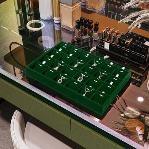 24 Grids Velvet Necklace Tray Necklace Holder Storage Jewelry Display Tray for Drawers With Removable Jewellery Cards for Bracelet Chain Pendant (Green) - size: 24 Grid With Insert