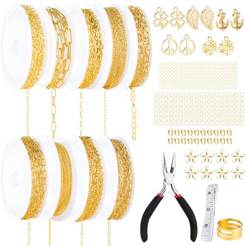 ZEVOFIUR Gold Necklace Chains for Jewelry Making, 9 Rolls of Jewelry Chain, DIY Starter Kit for DIY Necklace Bracelet Making Accessories with Jump Rings, Lobster Clasps, Connectors, Charms