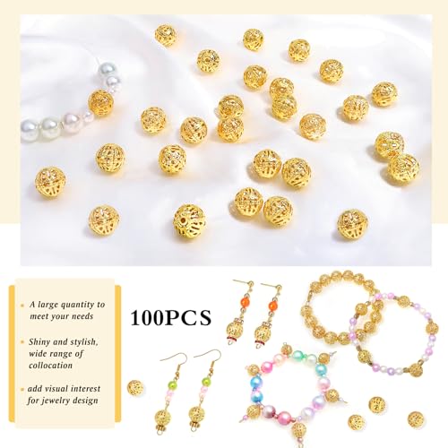 TOAOB 100pcs 10mm Gold Plated Filigree Hollow Ball Beads Round Metal Loose Spacer Beads for DIY Crafts Bracelets Necklaces Earrings Jewelry Making - color: Gold, size: 10mm