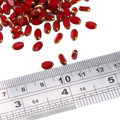 Glass Rice Beads Red 4x6mm 50pcs Faceted Oval Golden Edge Crystal Loose Beads for DIY Craft Jewelry Making - color: Red