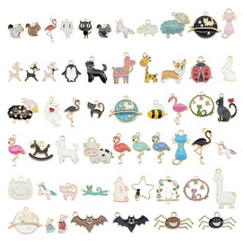 100pcs(50PAIRS) Assorted Animal Enamel Pendants Charms Dog Cat Bee Flamingo Giraffe Unicorn Enamel Charms for Bracelet Earring Necklace Making