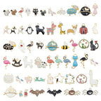 100pcs(50PAIRS) Assorted Animal Enamel Pendants Charms Dog Cat Bee Flamingo Giraffe Unicorn Enamel Charms for Bracelet Earring Necklace Making