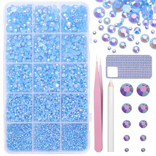 16000 Pcs Resin Rhinestones for Crafting, Flatback Light Blue Gems Jelly Rhinestones, Mixed Sizes Blue Bedazzling Crystal with Pickup Tool for DIY Crafts Clothing Tumblers Mugs Shoes Fabric Nail Art - color: Set-7