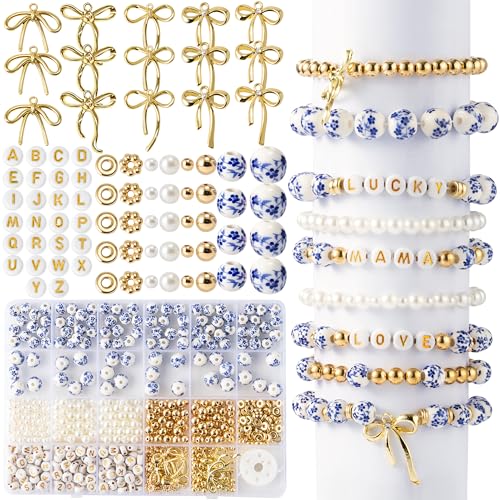 OSNIE Blue Flower Ceramic Beads - 681Pcs Vintage Blue Flower Printed Spacer Beads, Round Porcelain Pearl Gold Bead Making Kit for Women, Bow Charm DIY Jewelry Supplies Handmade Craft Gift for Necklace - color: Blue
