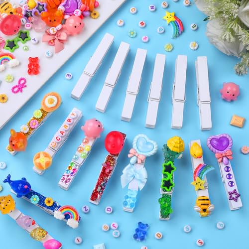 JOICEE 80 Set Cheer Pins Spirit Clips,Clothes pins Include 126 Mini Resin Animals Bows and Self Adhesive Stickers Pen 300 Beads Pearls for Backpacks Ribbon Team Classroom Cheer Gifts Bulk(White Wood) - color: White