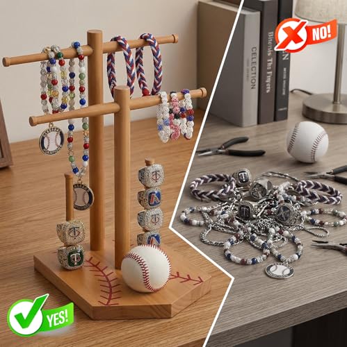Large Two-Layer Baseball or Softball Drip Necklace Organizer Holder,Exquisite Wooden Championship Ring Display Holder,Baseball,Sports or Softball Ring Holder,Trophy Gift for Players & Coaches