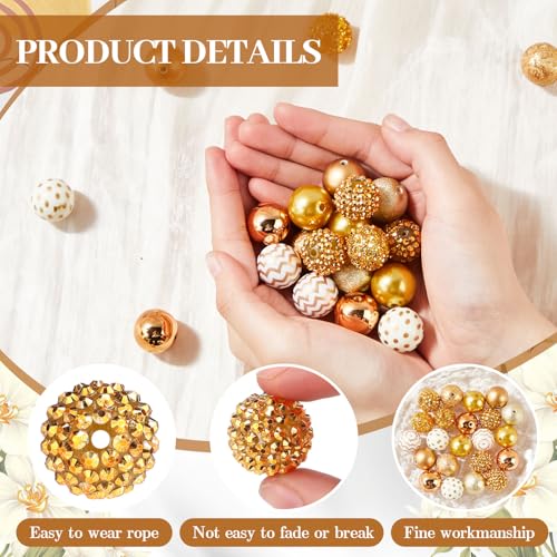Ferreve 20 Pcs Chunky Bubblegum Beads 20mm Focal Pen Large Rhinestone Pearl Beads for DIY Beadable Pen School Jewelry Making Keychain Craft Making(Gold) - color: Gold