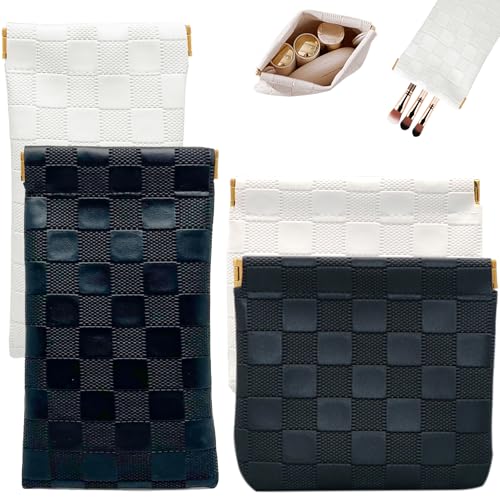 4PCS Small Makeup Bag for Purse, Mini Leather Pocket Cosmetic Bag for Women, Waterproof Portable Makeup Pouch No Zipper Coin Purse Lipstick Bag Accessories, Checkered Travel Storage Bag(White, Black) - color: White, Black