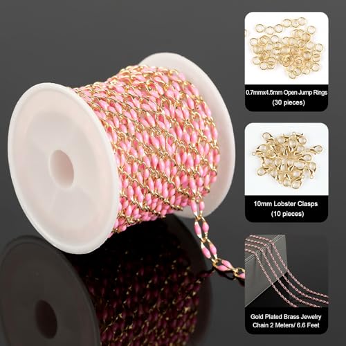 Pink Enamel Chain for Jewelry Making, 2 Meters Gold Plated Brass Cable Link Chain Roll with 30pcs Jump Rings and 10pcs Lobster Clasps - color: Pink