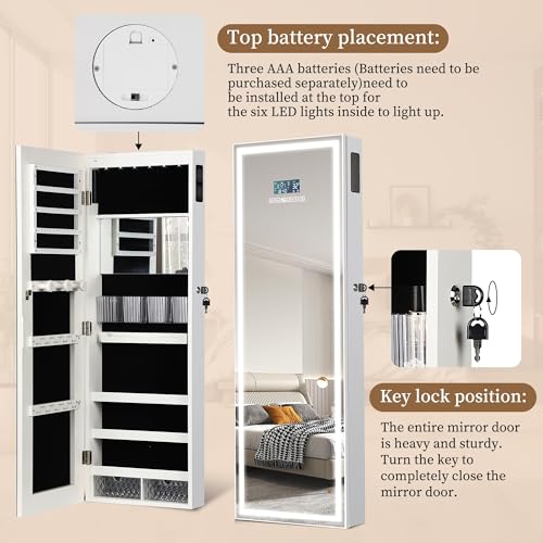 LED Mirror Jewelry Cabinet with Bluetooth Speaker, Wall/Door Mounted Jewelry Organizer Armoire, Full Length Lighted Mirror with Jewelry Storage,Jewelry Box Standing for Women
